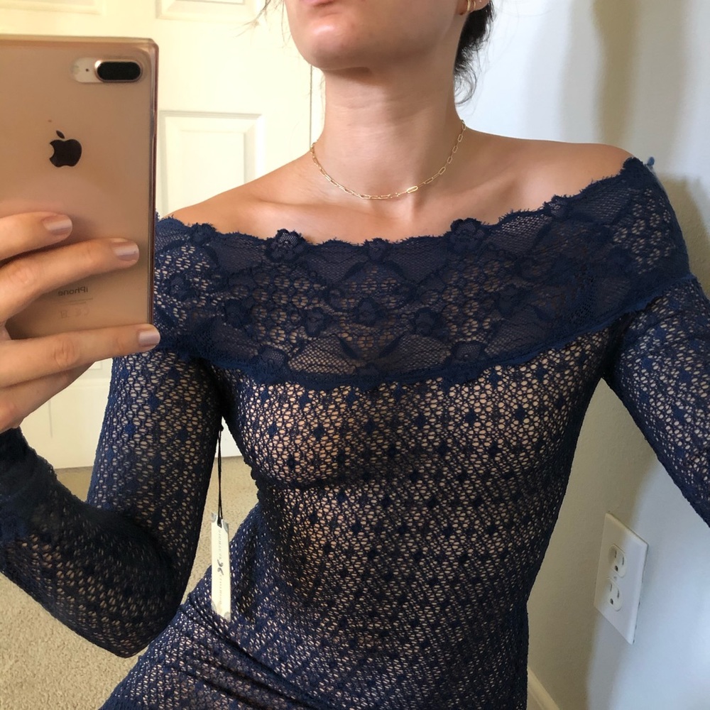 Nightcap Navy off the shoulder mini dress
